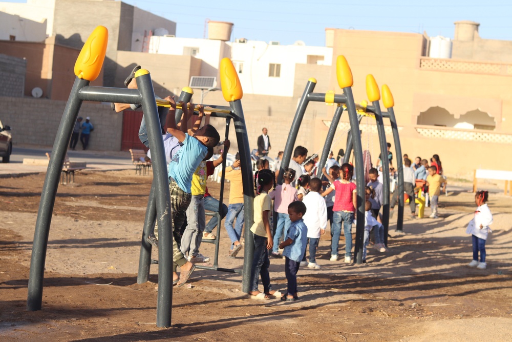 Children enjoy the new playground in Sedamous, Libya.