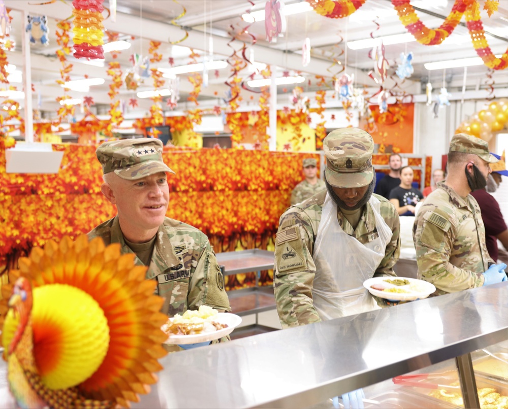 ARCENT's Lt. Gen. Patrick D. Frank and Command Sgt. Maj. Jacinto Garza serve Thanksgiving meals, Kuwait, November 2022