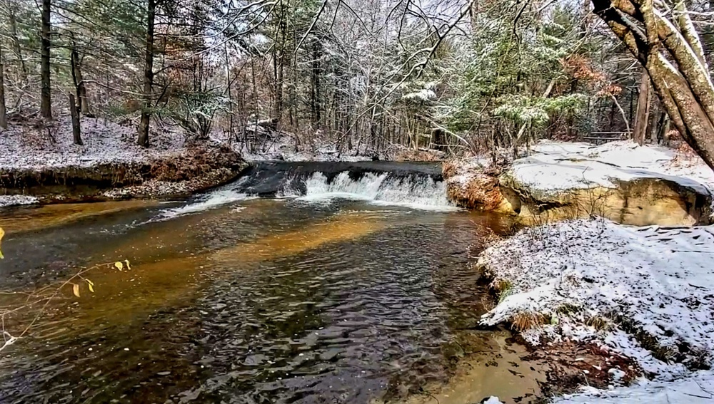 Snowy day at Fort McCoy's Trout Falls in Pine View Recreation Area