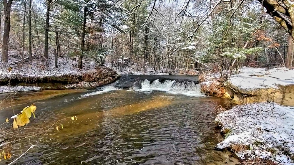 Snowy day at Fort McCoy's Trout Falls in Pine View Recreation Area