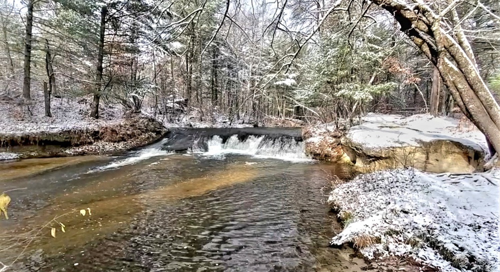 Snowy day at Fort McCoy's Trout Falls in Pine View Recreation Area