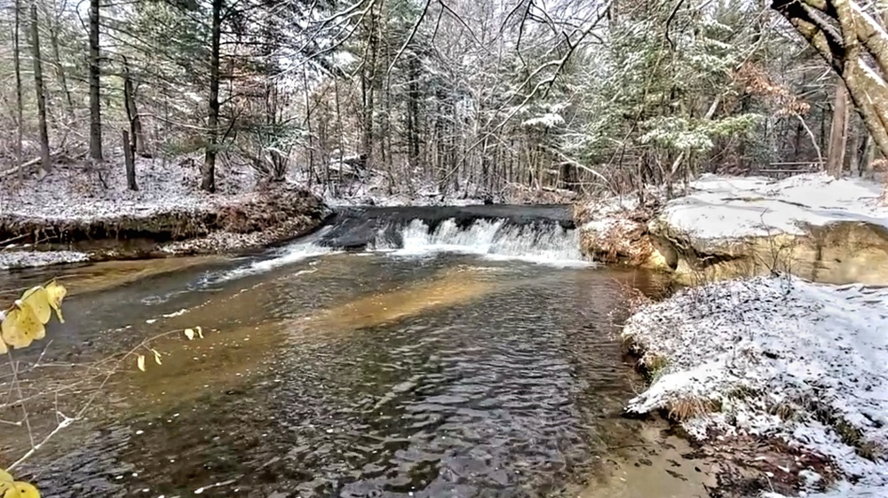 Snowy day at Fort McCoy's Trout Falls in Pine View Recreation Area