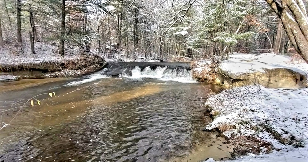 Snowy day at Fort McCoy's Trout Falls in Pine View Recreation Area