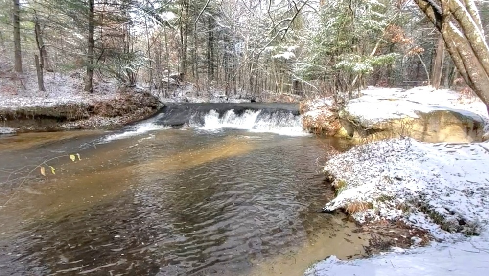 Snowy day at Fort McCoy's Trout Falls in Pine View Recreation Area