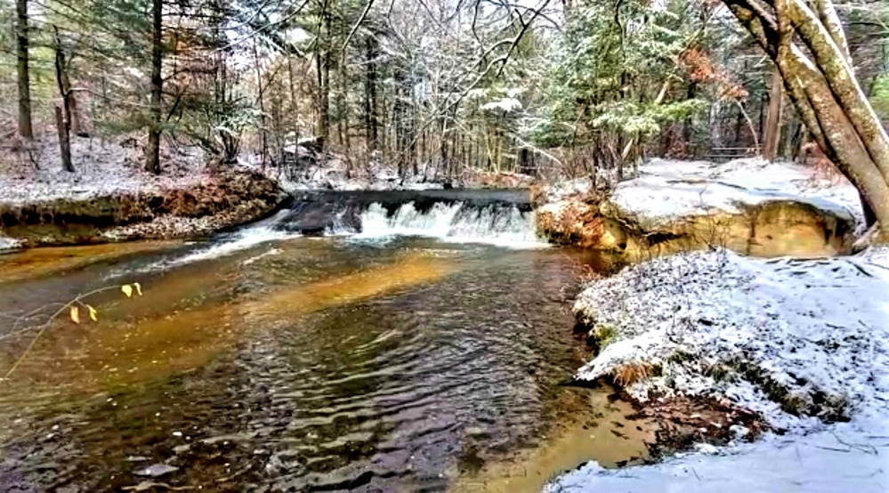 Snowy day at Fort McCoy's Trout Falls in Pine View Recreation Area