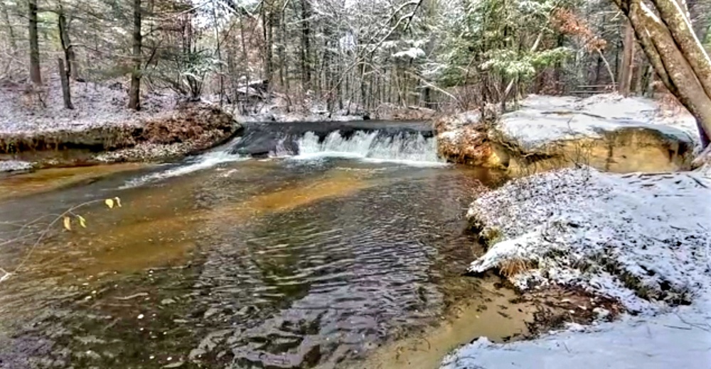 Snowy day at Fort McCoy's Trout Falls in Pine View Recreation Area