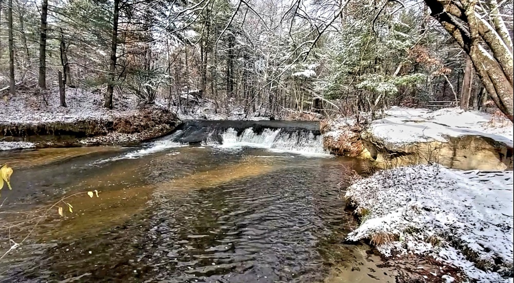 Snowy day at Fort McCoy's Trout Falls in Pine View Recreation Area