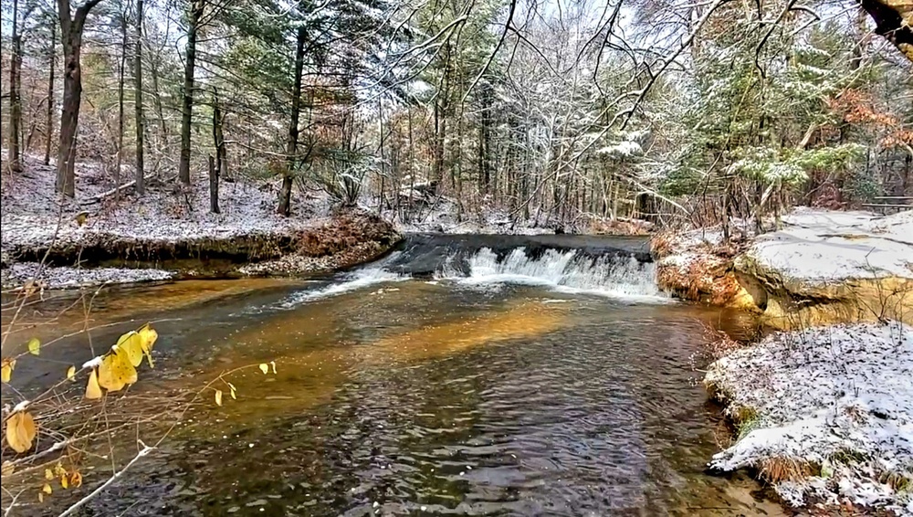 Snowy day at Fort McCoy's Trout Falls in Pine View Recreation Area
