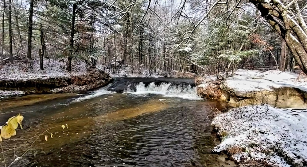 Snowy day at Fort McCoy's Trout Falls in Pine View Recreation Area