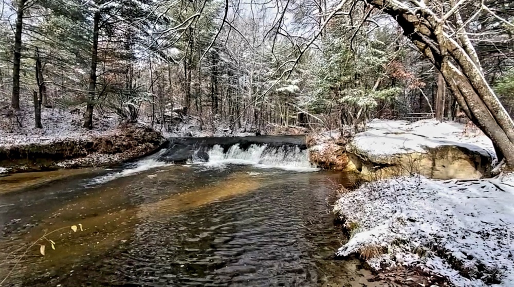 Snowy day at Fort McCoy's Trout Falls in Pine View Recreation Area