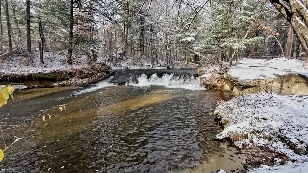 Snowy day at Fort McCoy's Trout Falls in Pine View Recreation Area