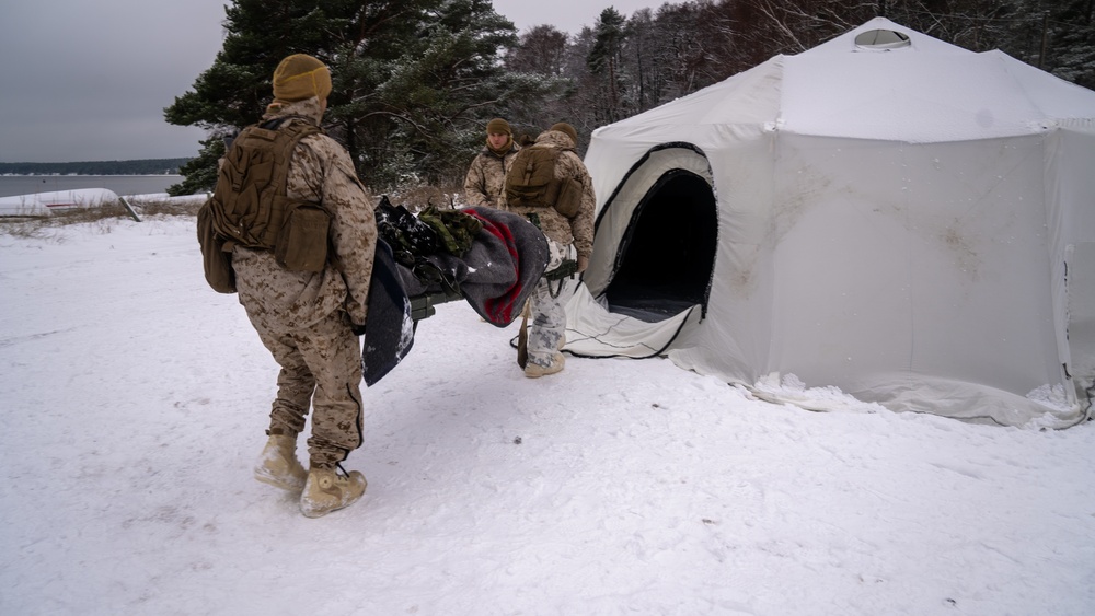 U.S. Marines and Sailors with Combat Logistics Battalion 6 Conduct Simulated Casualty Evacuation Training During Exercise Freezing Winds 22