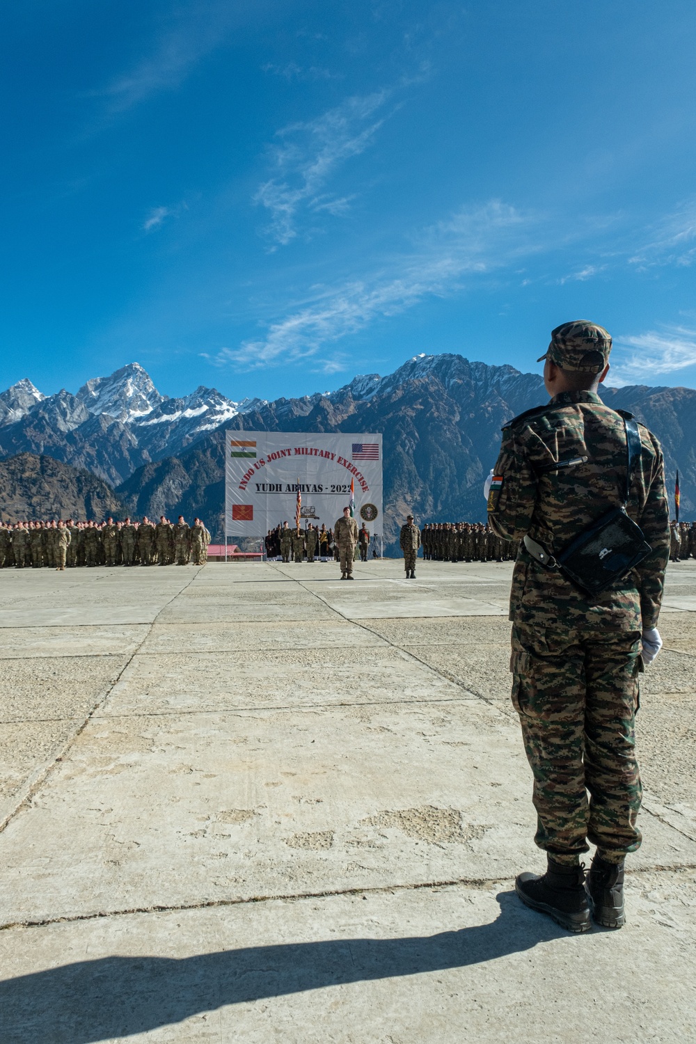 Indian and US Army Soldiers Stand at Attention