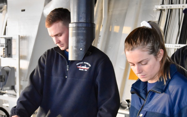 USCGC Hamilton conducts man overboard training while operating in the Baltic Sea