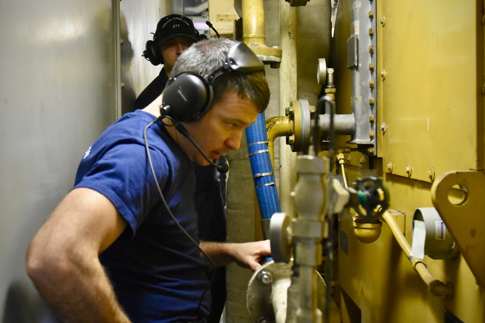 USCGC Hamilton conducts basic engineering casualty control exercises while operating in the Baltic Sea
