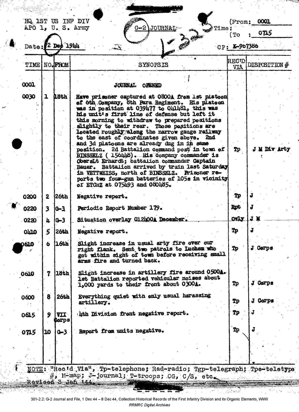 G-2 Journal, 1st Infantry Division