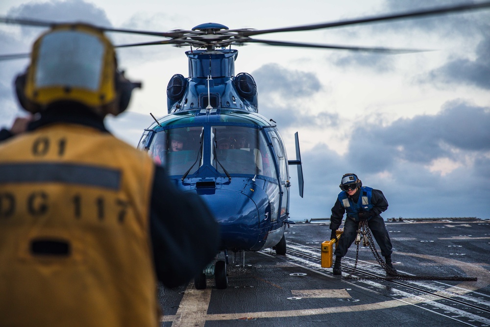 USS Paul Ignatius (DDG 117) Conducts Flight Ops with British Royal Navy Dauphin Helicopter