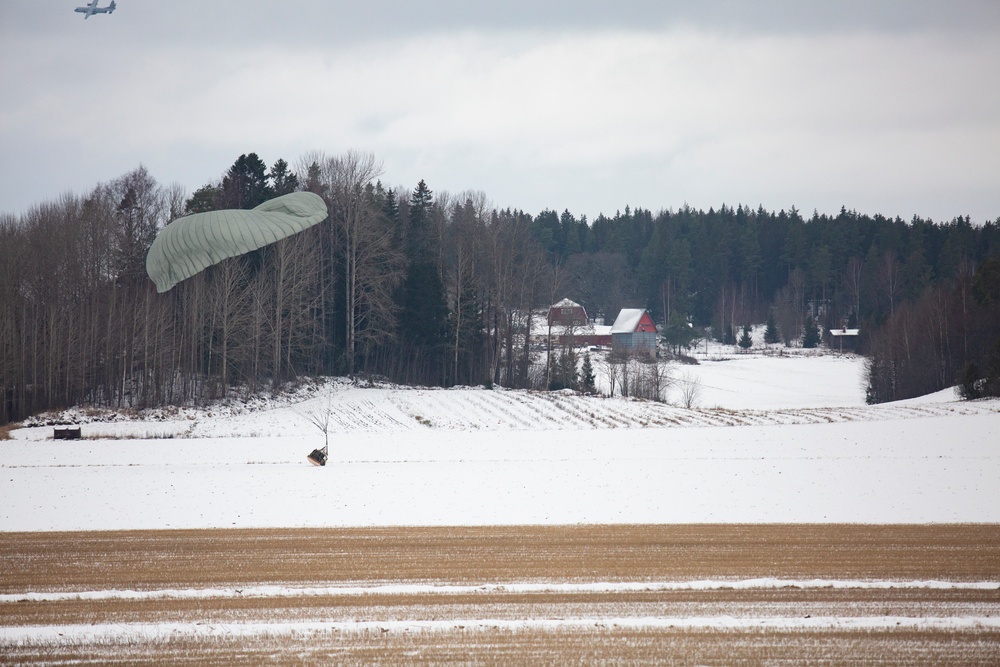 U.S. Marines with Combat Logistics 6 Conduct an Aerial Delivery with Finnish KASA 295 Aircraft