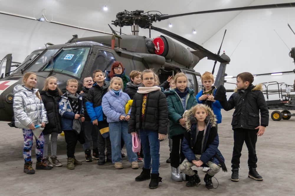 Pyrmus Elementary School Tours the airfield at Powidz, Poland