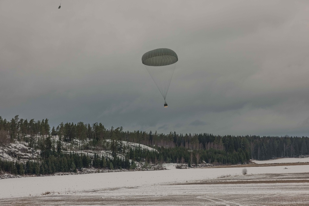 U.S. Marines with Combat Logistics 6 Conduct an Aerial Delivery with Finnish KASA 295 Aircraft