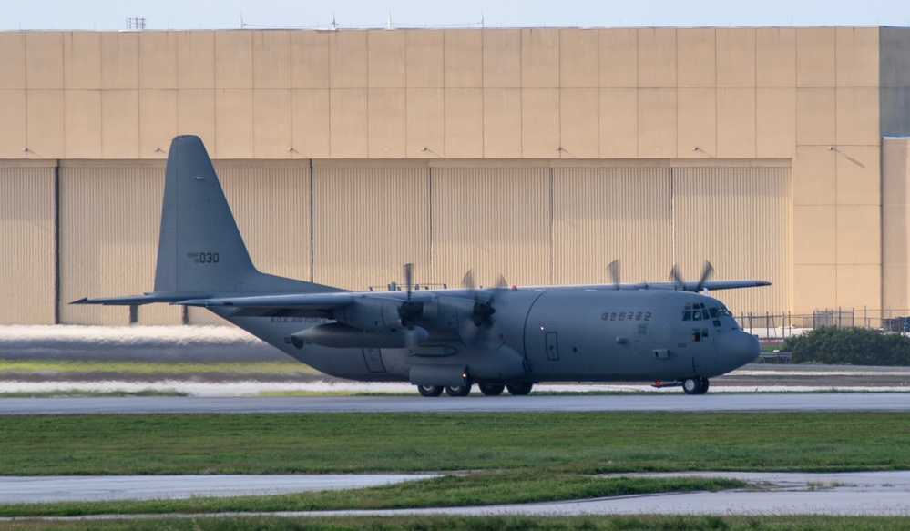 A Republic of Korea Air Force C-130H Hercules arrives at Andersen AFB