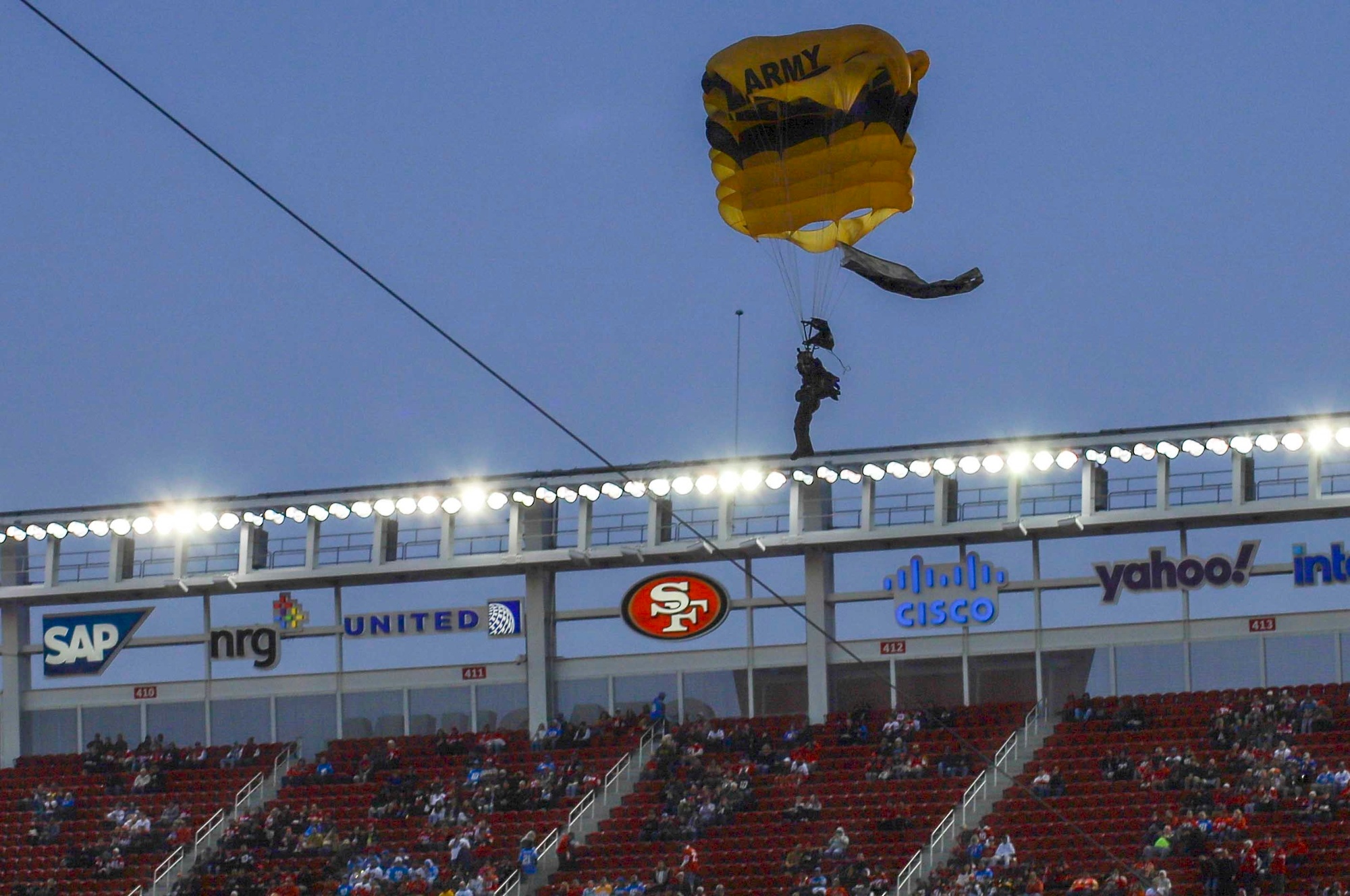 The Golden Knights parachute into the Levis Stadium before the