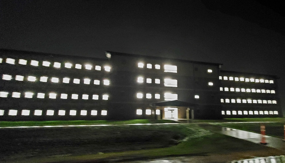 New barracks at night at Fort McCoy