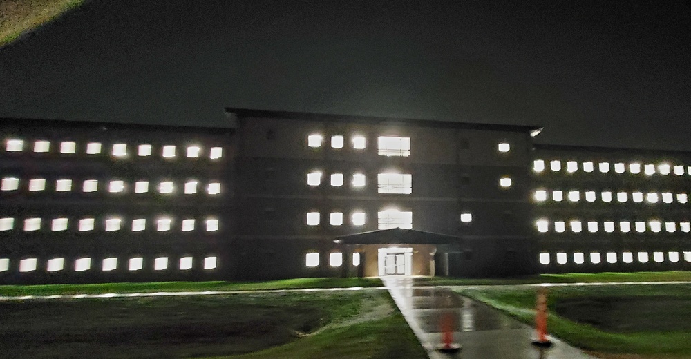 New barracks at night at Fort McCoy