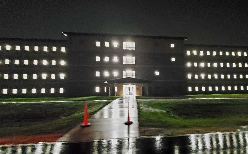 New barracks at night at Fort McCoy