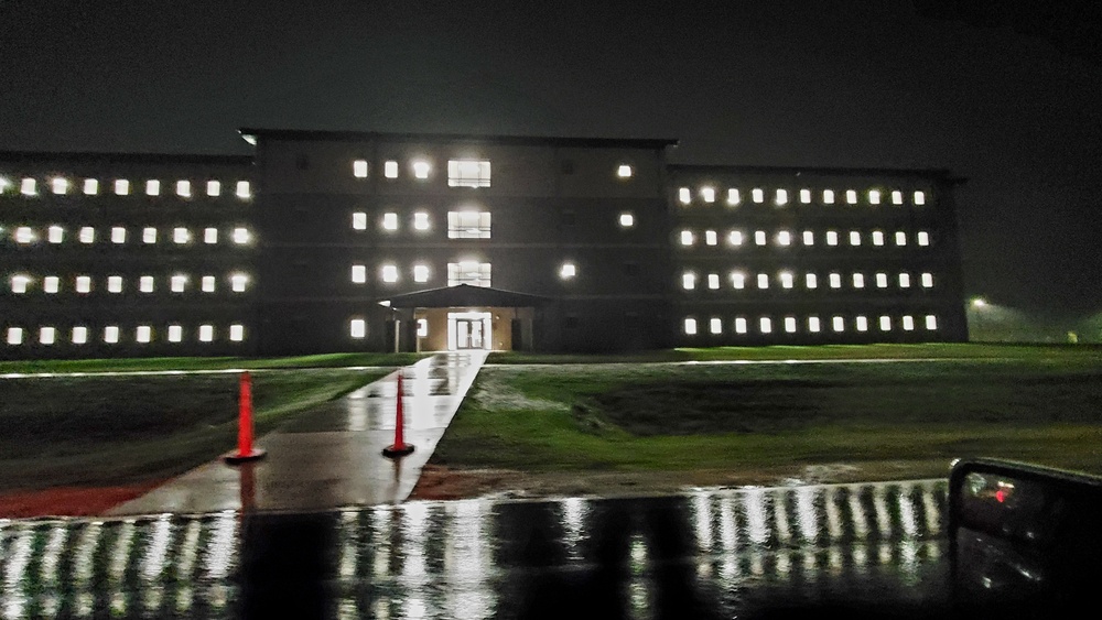 New barracks at night at Fort McCoy