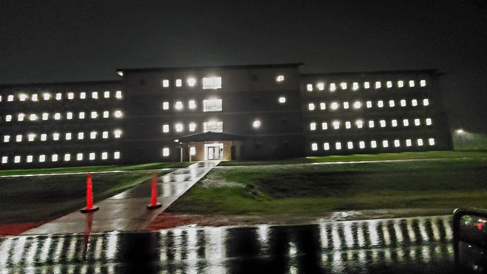 New barracks at night at Fort McCoy