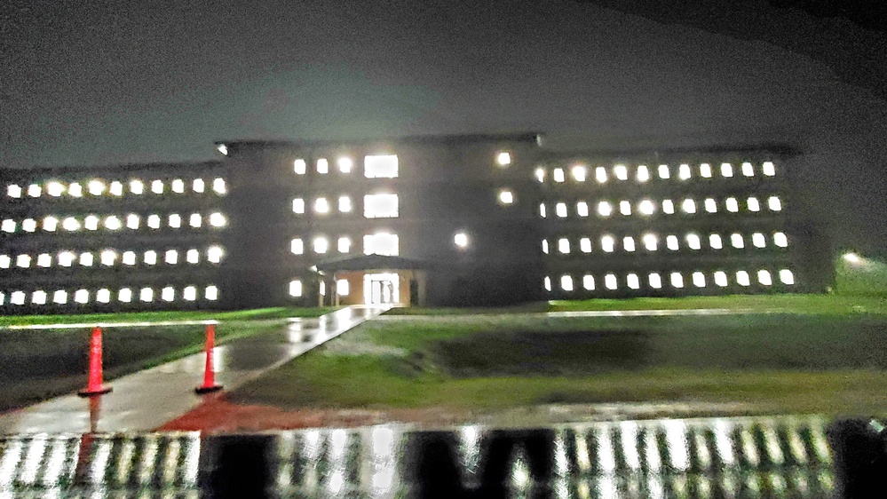 New barracks at night at Fort McCoy