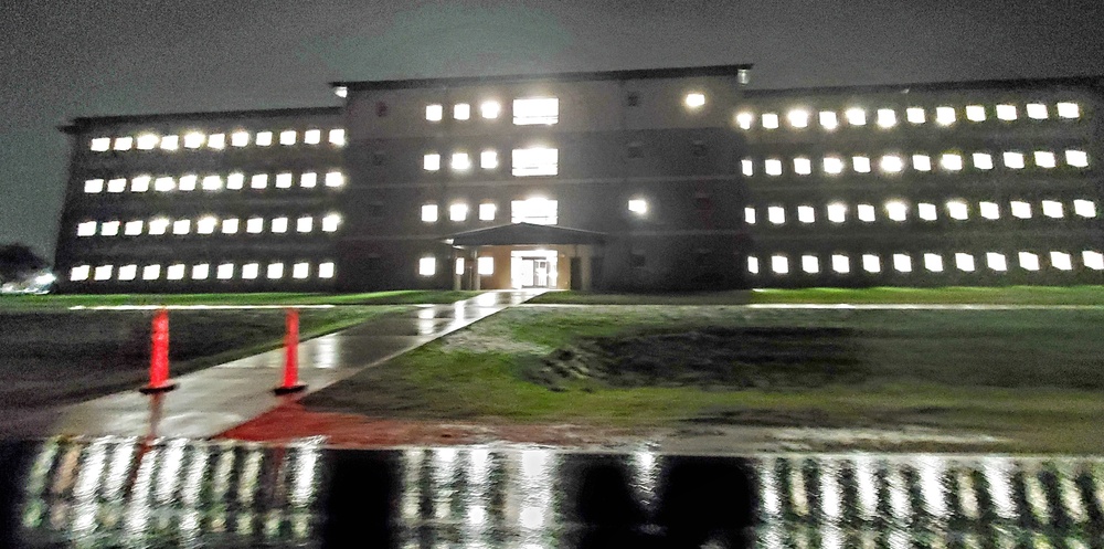 New barracks at night at Fort McCoy