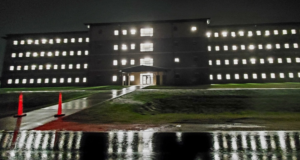 New barracks at night at Fort McCoy