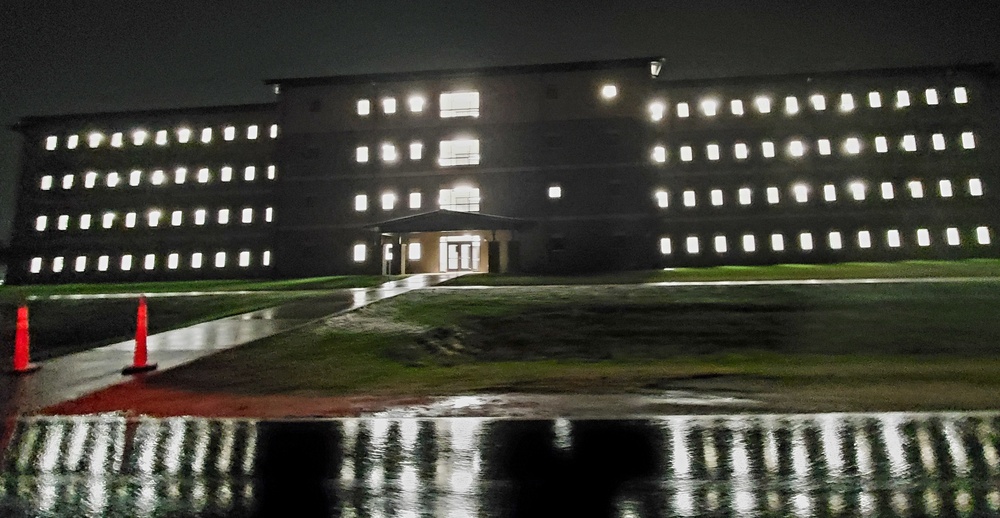 New barracks at night at Fort McCoy