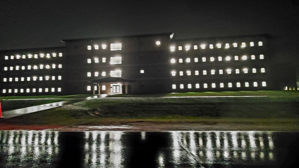 New barracks at night at Fort McCoy