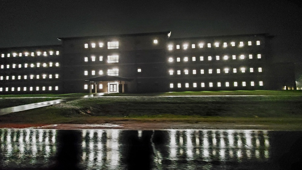 New barracks at night at Fort McCoy