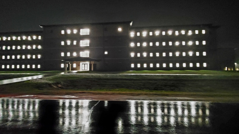 New barracks at night at Fort McCoy