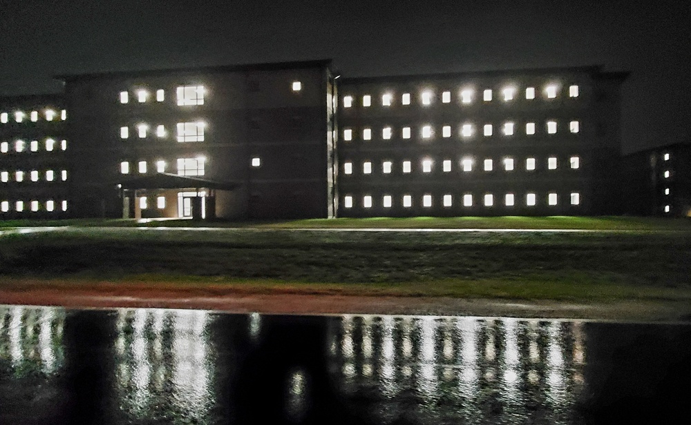 New barracks at night at Fort McCoy