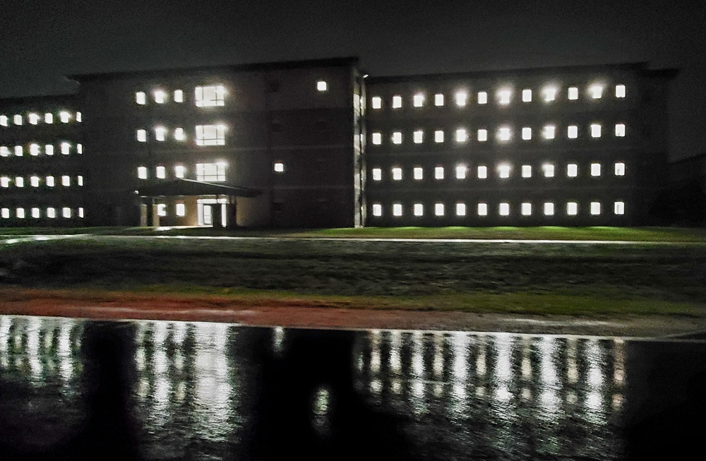 New barracks at night at Fort McCoy