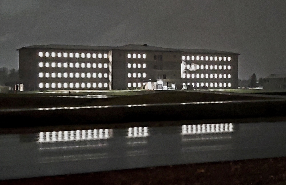 New barracks at night at Fort McCoy