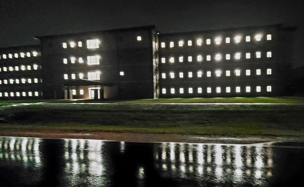 New barracks at night at Fort McCoy