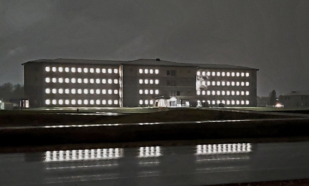 New barracks at night at Fort McCoy