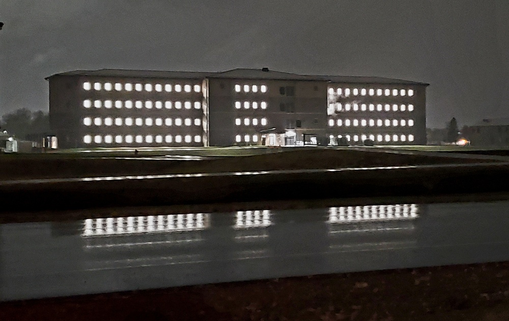 New barracks at night at Fort McCoy