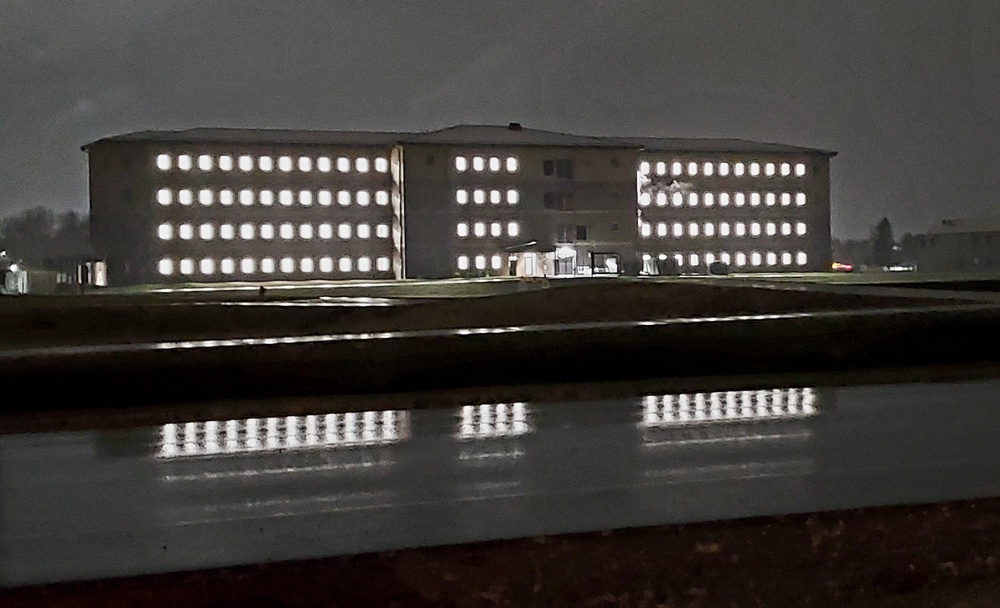 New barracks at night at Fort McCoy