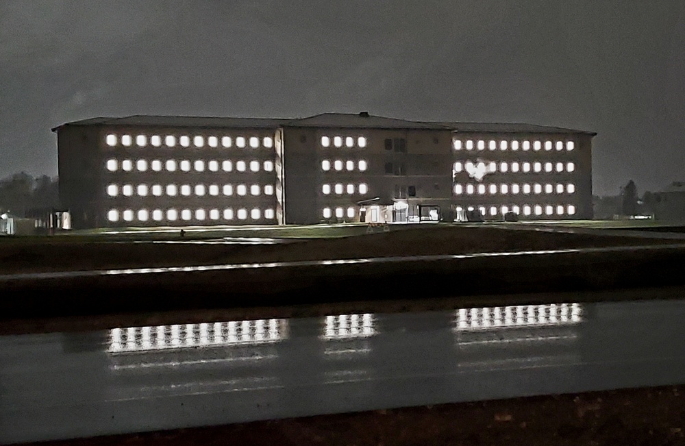 New barracks at night at Fort McCoy