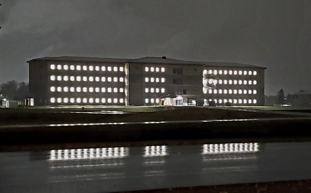 New barracks at night at Fort McCoy