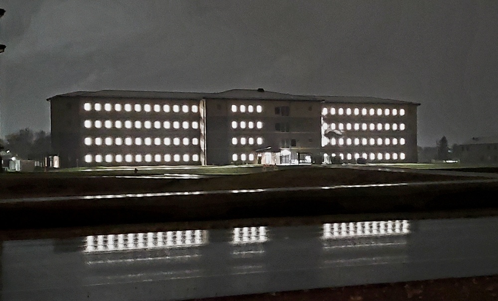 New barracks at night at Fort McCoy