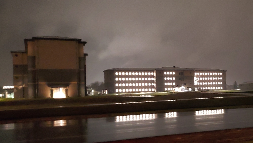 New barracks at night at Fort McCoy