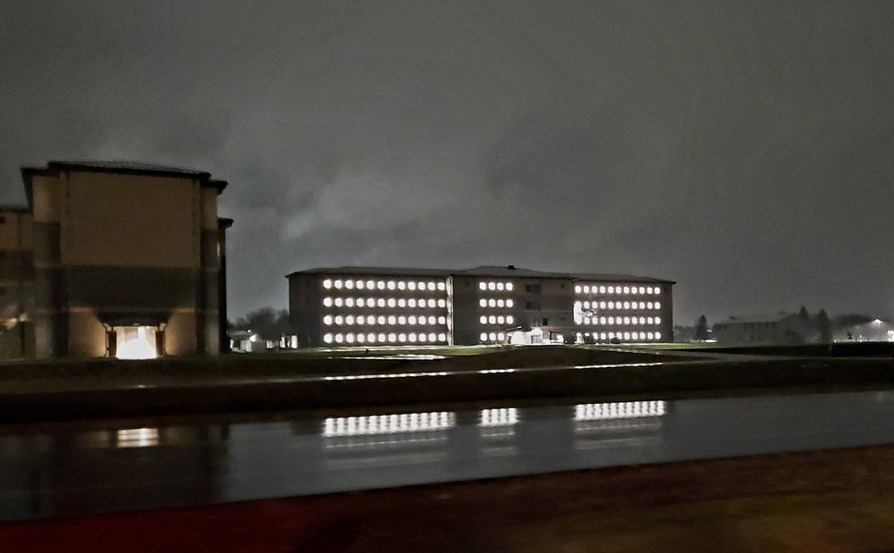 New barracks at night at Fort McCoy